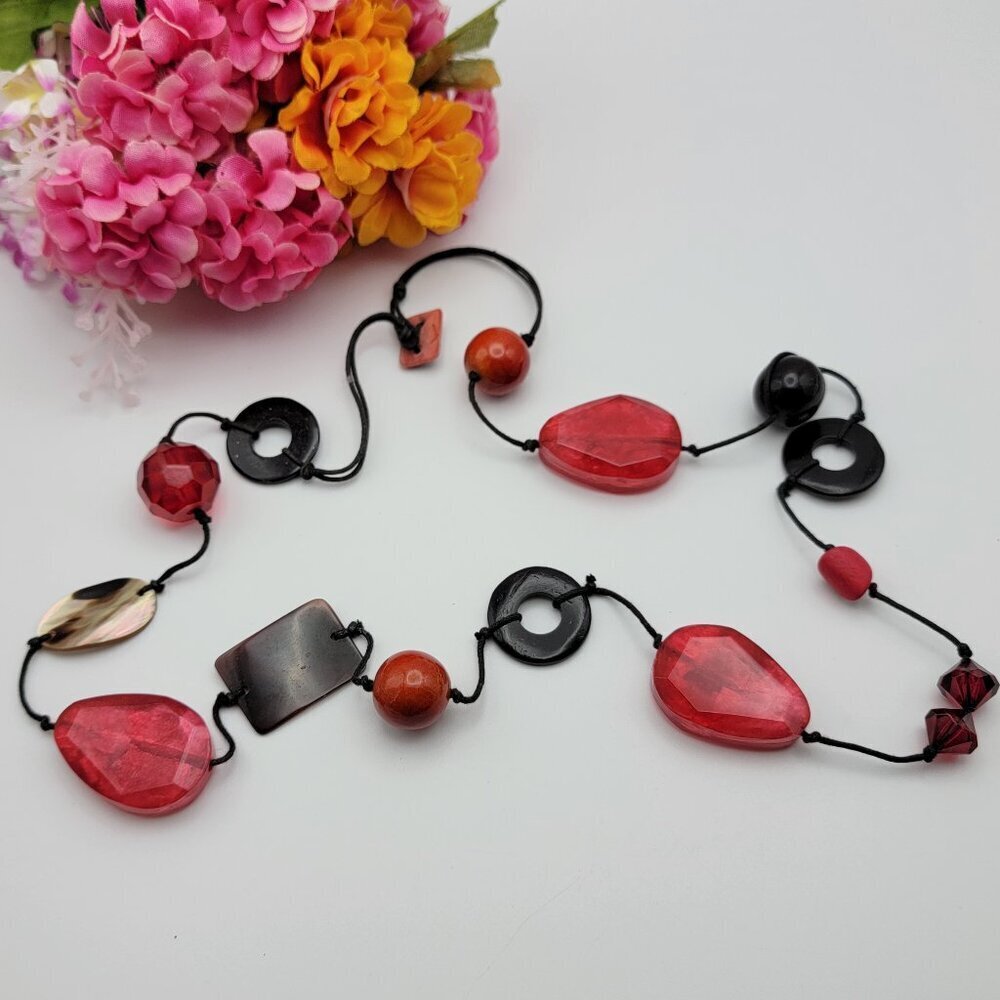 Red And Black Simulated Gemstone And Tagua Nut Station Cord Necklace 35 In Boho